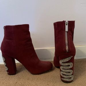 Justfab burgundy booties with rhinestone snake